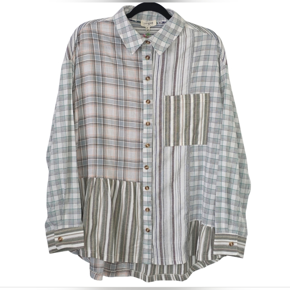 Umgee Plaid Striped Patchwork Ruffle Hem Top Blou… - image 1